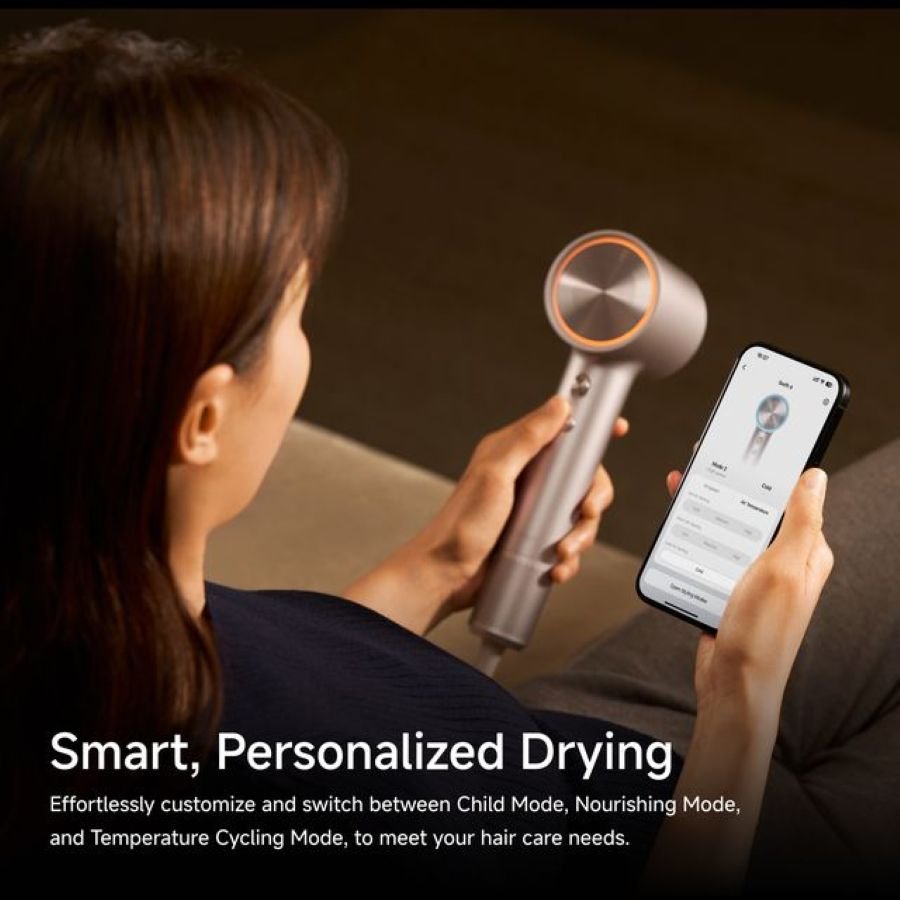 Laifen Swift 4 high-speed hair dryer showing smart personalized drying controls and app